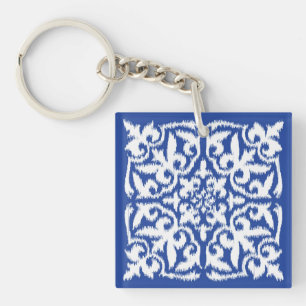Ikat damask patroon - kobalt blauw en wit sleutelhanger