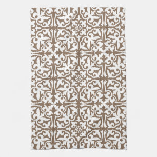 Ikat damask patroon - Taupe Tan en White Theedoek