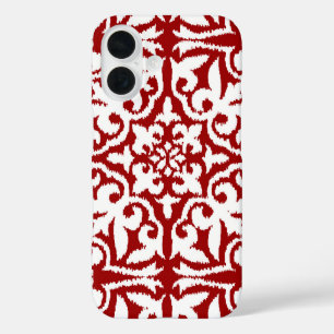 Ikat-damaspatroon - Donkerrood en wit iPhone 16 Hoesje