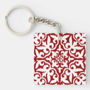 Ikat-damaspatroon - Donkerrood en wit Sleutelhanger