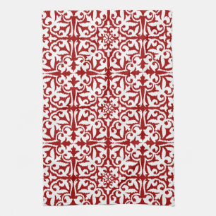 Ikat-damaspatroon - Donkerrood en wit Theedoek