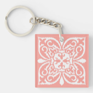 Ikat-damaspatroon - perzikroze en wit sleutelhanger
