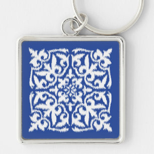 Ikat damast patroon - kobaltblauw en wit sleutelhanger