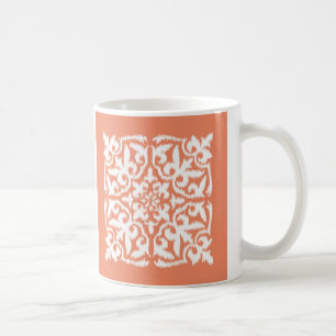 Ikat damast patroon - koraal oranje en wit koffiemok