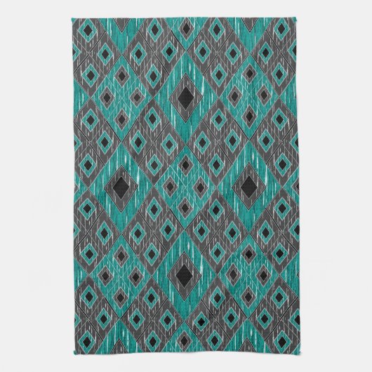 Ikat Diamond Pattern - Blauwgroen zwart Theedoek (Verticaal)