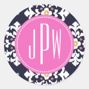 Ikat- en roze monogram ronde sticker