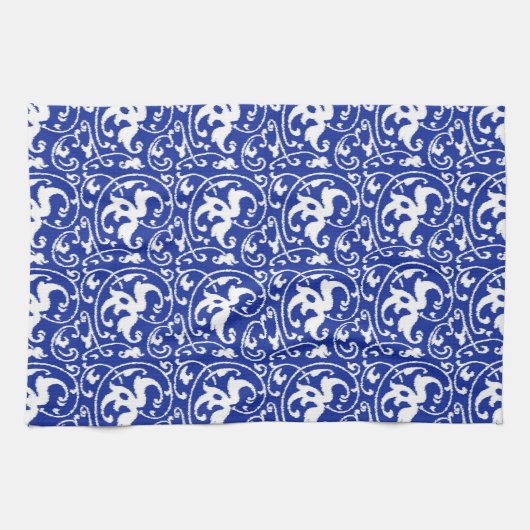 Ikat Floral Damask - Cobalt Blue en White Theedoek (Horizontaal)