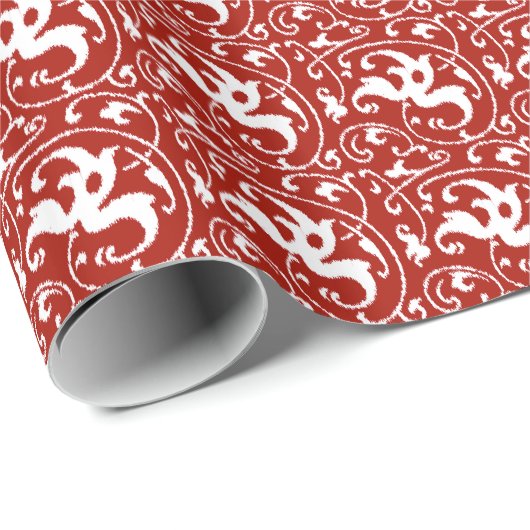 Ikat Floral Damask - Donkerrood en wit Cadeaupapier (Rol Hoek)