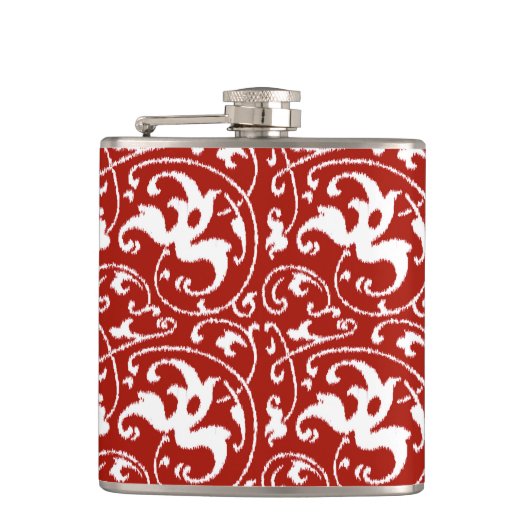 Ikat Floral Damask - Donkerrood en wit Heupfles (Voorkant)