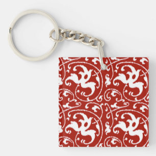 Ikat Floral Damask - Donkerrood en wit Sleutelhanger