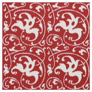 Ikat Floral Damask - Donkerrood en wit Stof