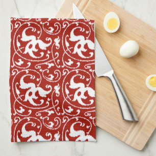 Ikat Floral Damask - Donkerrood en wit Theedoek