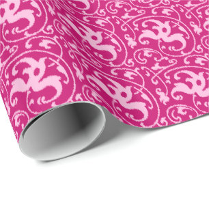 Ikat Floral Damask - Fuchsia and Bleek roze Cadeaupapier