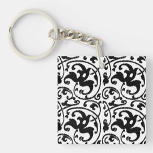 Ikat Floral Damask - White en Black Sleutelhanger