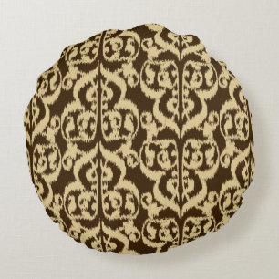 Ikat Moorish Damask - chocoladebruin en geelbruin Rond Kussen