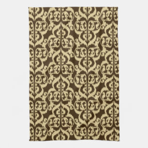 Ikat Moorish Damask - chocoladebruin en geelbruin Theedoek