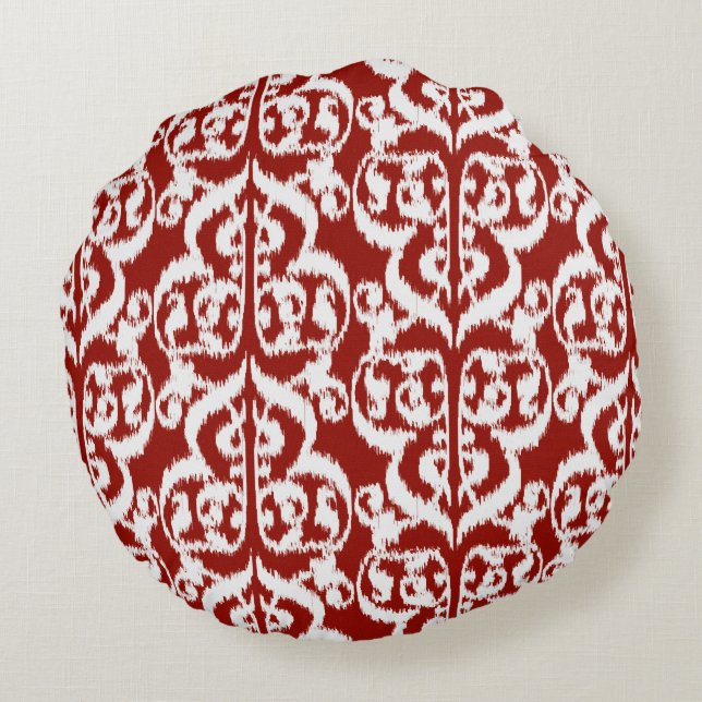 Ikat Moorish Damask - donkerrood en wit Rond Kussen (Achterkant)