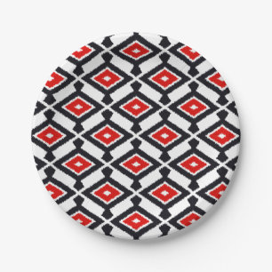Ikat Pattern - Donkerrood, zwart en wit Papieren Bordje