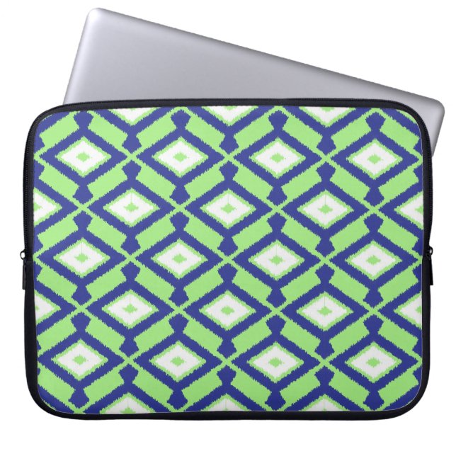 Ikat Pattern - Green, Indigo Blue en White Laptop Sleeve (Voorkant)