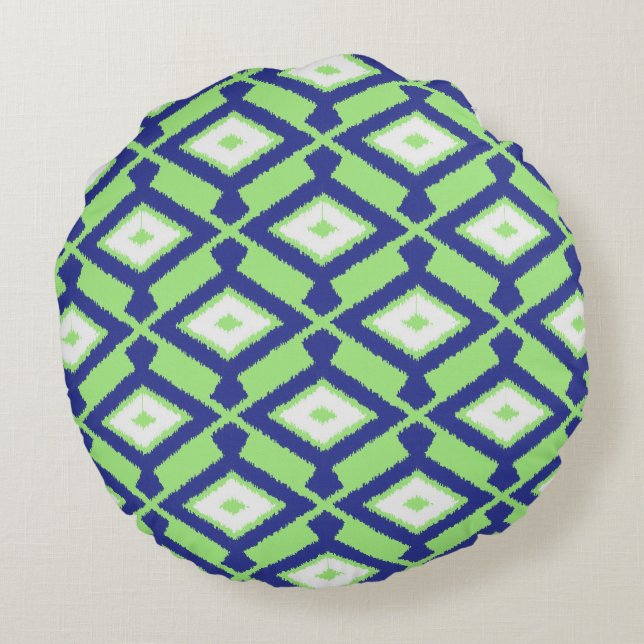 Ikat Pattern - Green, Indigo Blue en White Rond Kussen (Achterkant)