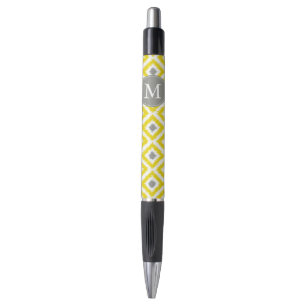 Ikat Pattern Monogrammed Yellow and Grey Diamonds Pen