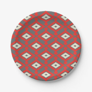 Ikat Pattern - Red, Grey and Beige Papieren Bordje