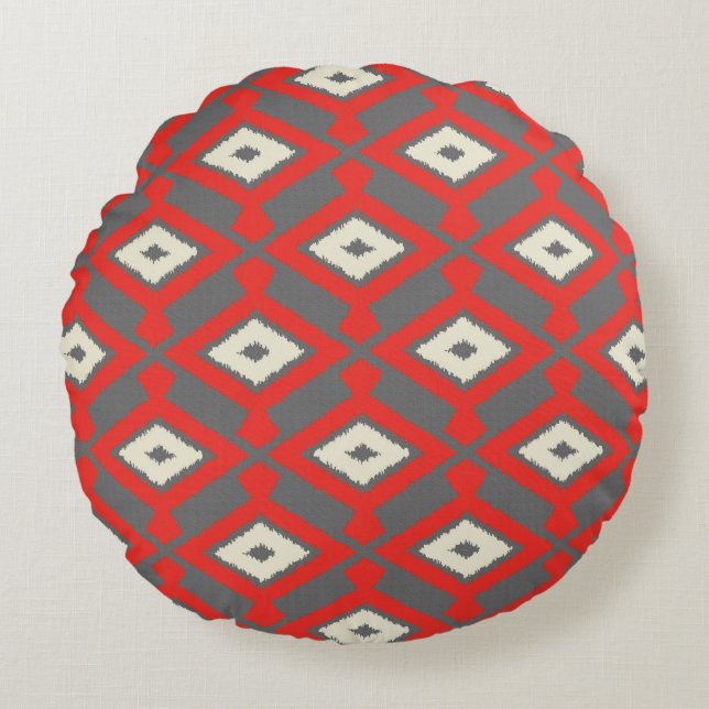 Ikat Pattern - Red, Grey and Beige Rond Kussen (Voorkant)