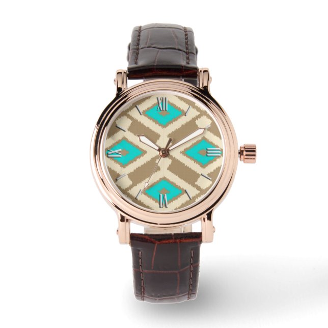 Ikat Pattern - Turquoise, Taupe en Beige Horloge (Voorkant)