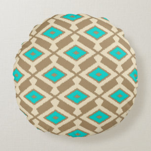 Ikat Pattern - Turquoise, Taupe en Beige Rond Kussen