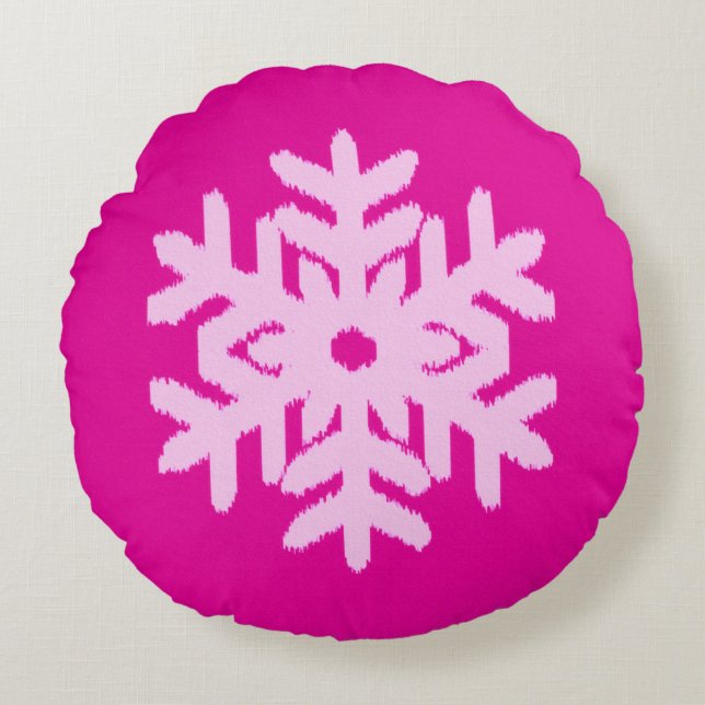 Ikat Snowflake - Fuchsia and ice roze Rond Kussen (Voorkant)