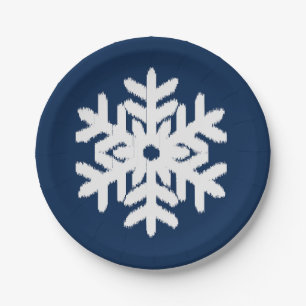Ikat Snowflake - White en Dark Navy Blue Papieren Bordje