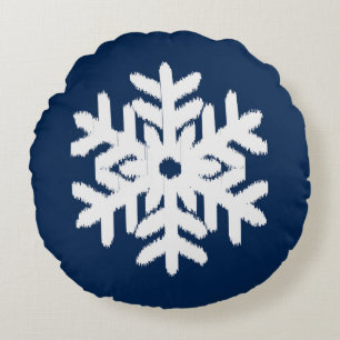 Ikat Snowflake - White en Dark Navy Blue Rond Kussen