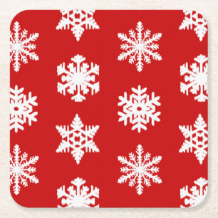 Ikat Snowflakes - Donkerrood en wit Vierkante Kartonnen Onderzetter