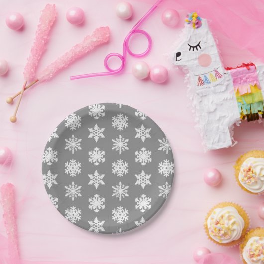 Ikat Snowflakes - Koolsteengrijs en wit Papieren Bordje (Feest)