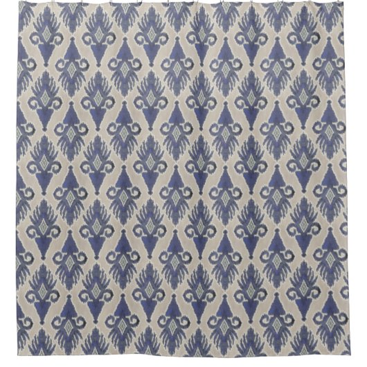 IKAT Tribal Modern Pattern Gray Navy Blue Douchegordijn (Voorkant)