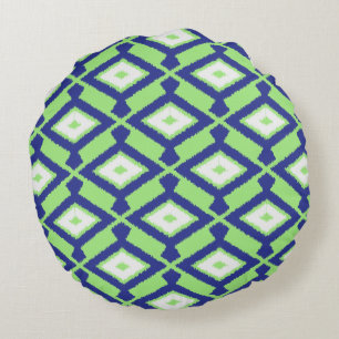 Ikatpatroon - Groen, Indigo Blauw en Wit Rond Kussen