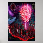 Île, ville et feu d'artifice | AI Art Poster (Devant)