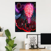 Île, ville et feu d'artifice | AI Art Poster (Bureau à domicile)