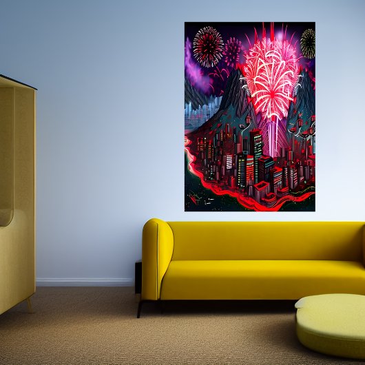 Île, ville et feu d'artifice | AI Art Poster