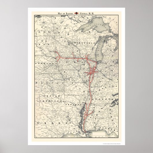 Illinois Central Railroad Map 1892 Poster (Voorkant)