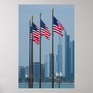 Illinois, Chicago. Navy Pier, Amerikaanse vlaggen  Poster