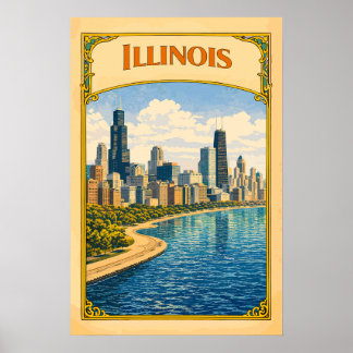Illinois Chicago Silhouet Vintage Poster