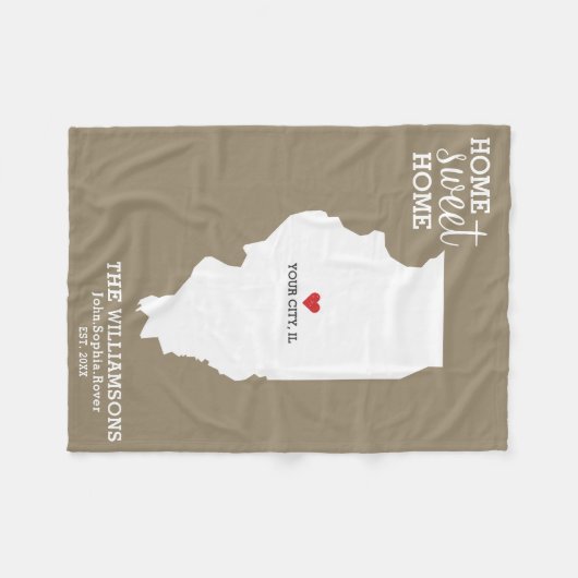 Illinois State Map Aangepaste namen, stad, datum, Fleece Deken (Voorkant (Horizontaal))
