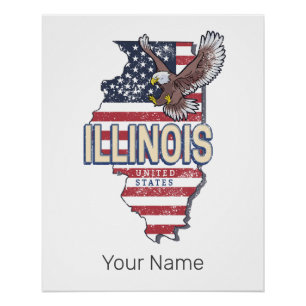 Illinois Verenigde Staten Eagle Retro Kaart  Veren Perfect Poster