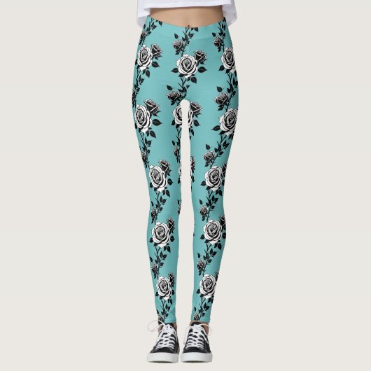 Illustrated Black And White Roses  Leggings (Voorkant)