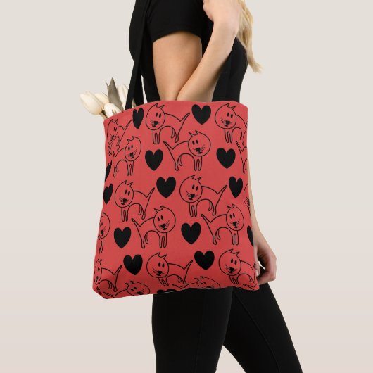 Illustrated Cats and Hearts Red Pattern Draagtas (Dichtbij)