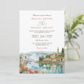 Illustrated Lake Como Italy Modern QR Code Wedding Kaart (Staand voorkant)