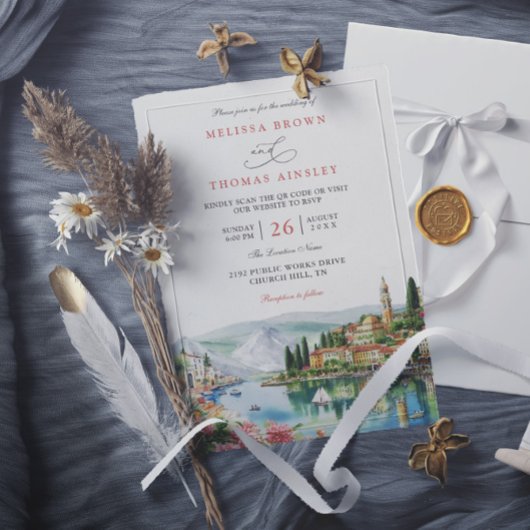 Illustrated Lake Como Italy Modern QR Code Wedding Kaart