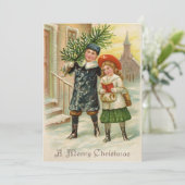 Illustratie kinderen kerstkaart vintage  (Staand voorkant)