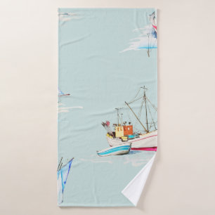 illustratie met handgetrokken waterverf zeilboot badhanddoek